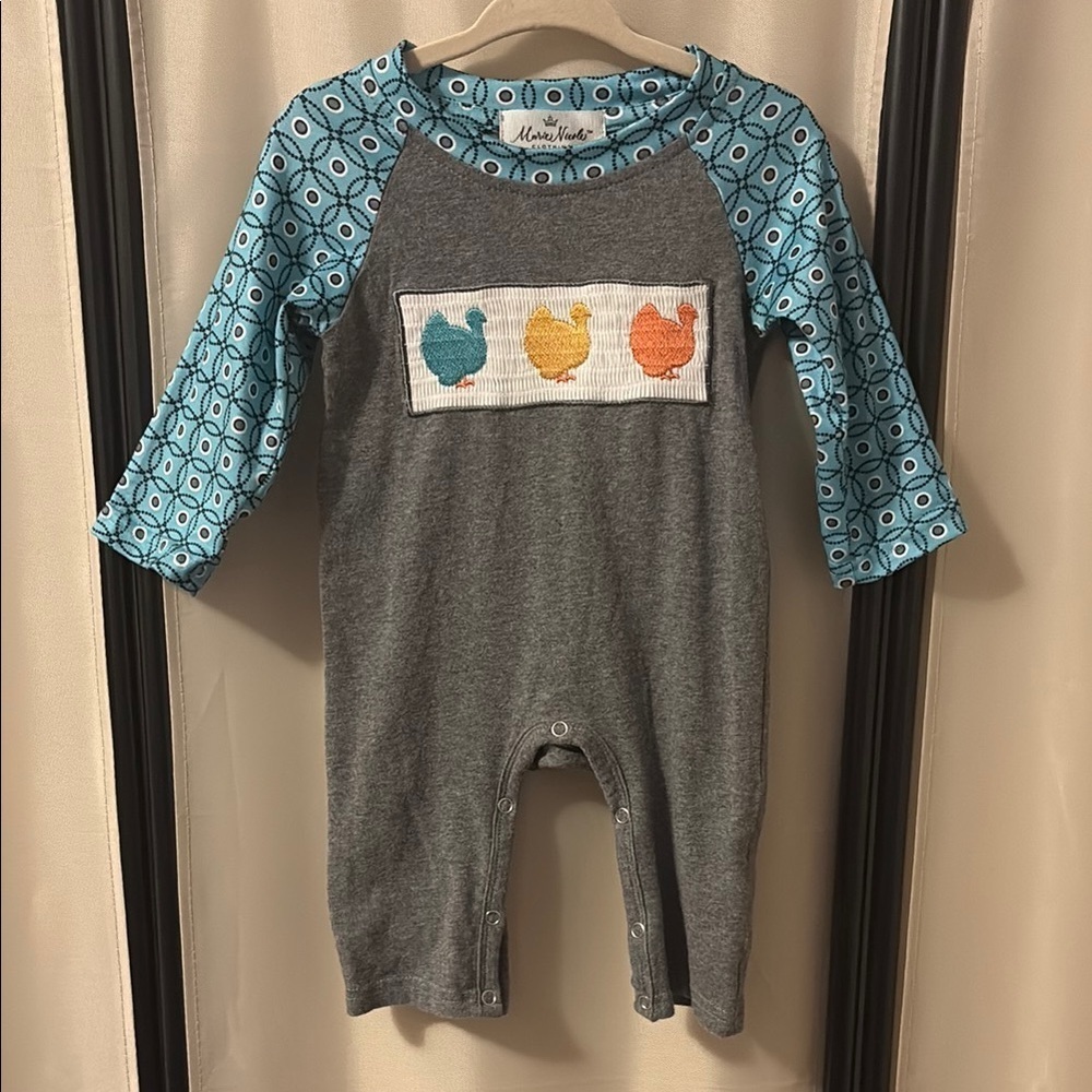 Marie Nicole Gray Romper with Blue Patterned Sleeves